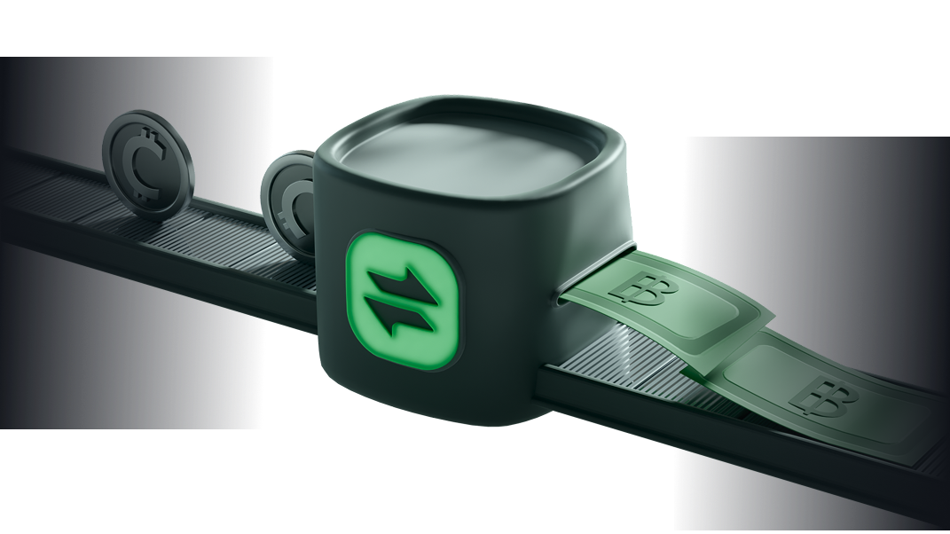 Процесс обмена криптовалюты: конвейерная лента с монетами, преобразующимися в банкноты через центральный аппарат обмена